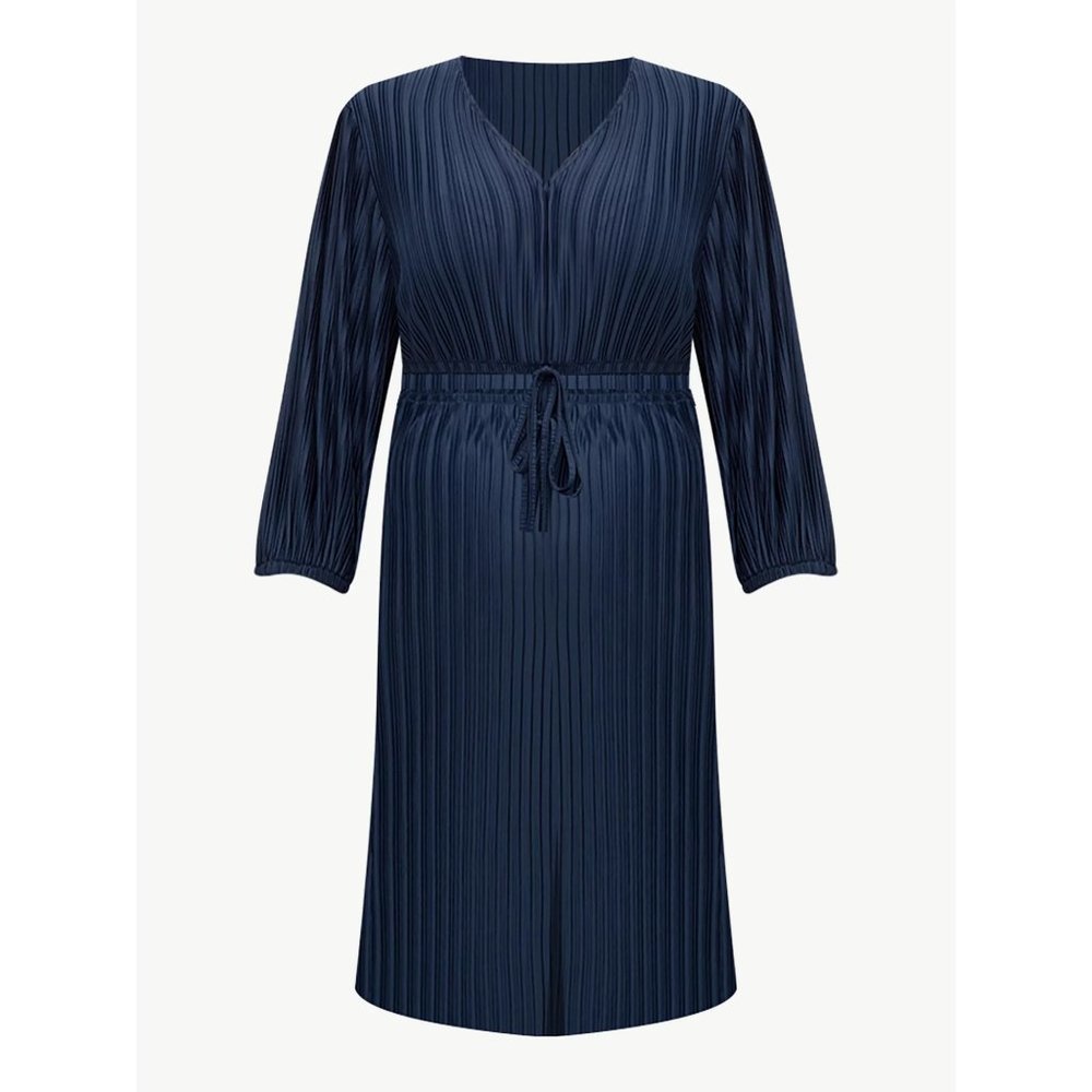 ELOQUII Elements Women's Plus Size Puff Sleeve Plisse Dress Navy